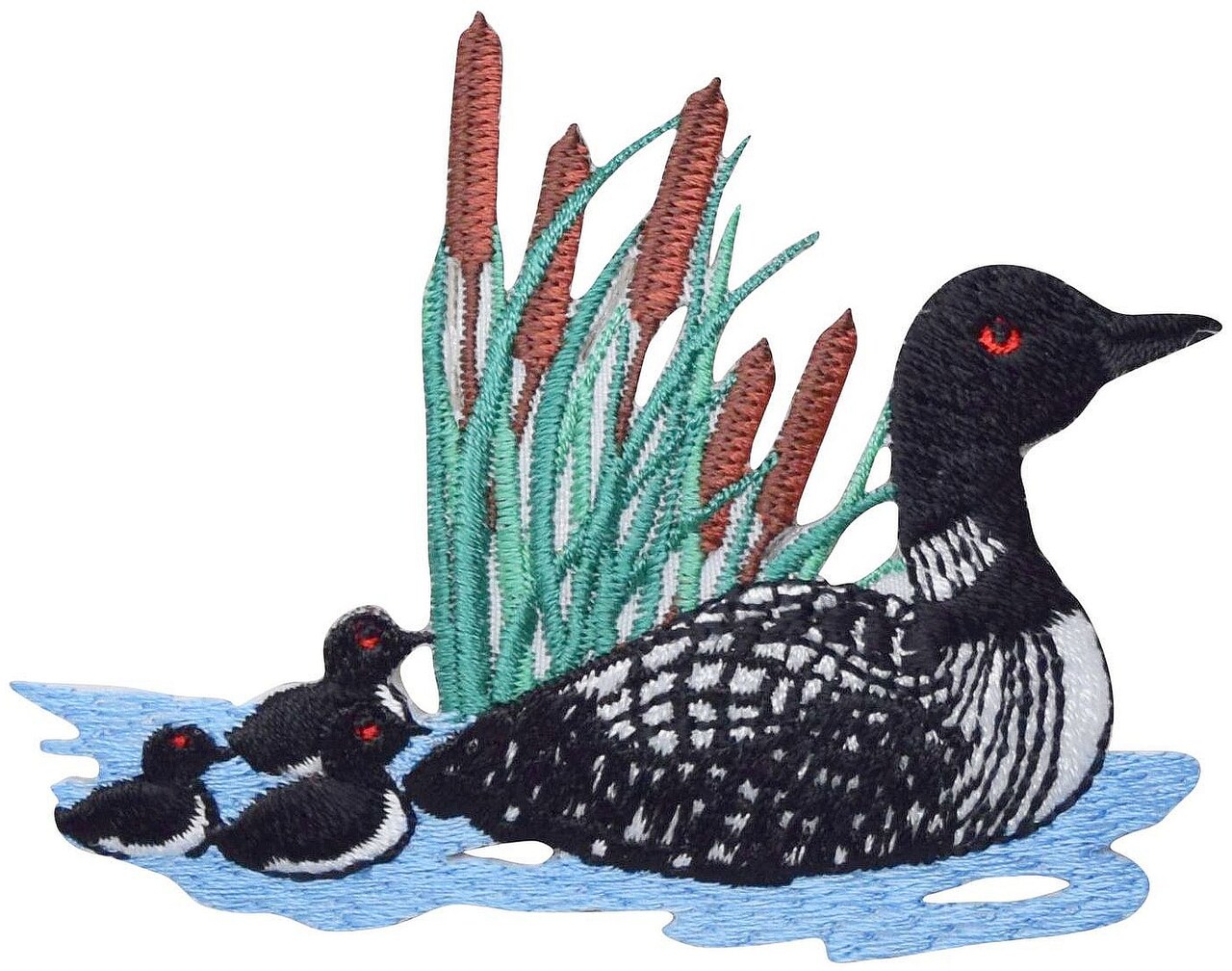 Divers Loon with Chicks and Cattails Embroidered, Iron on Patch